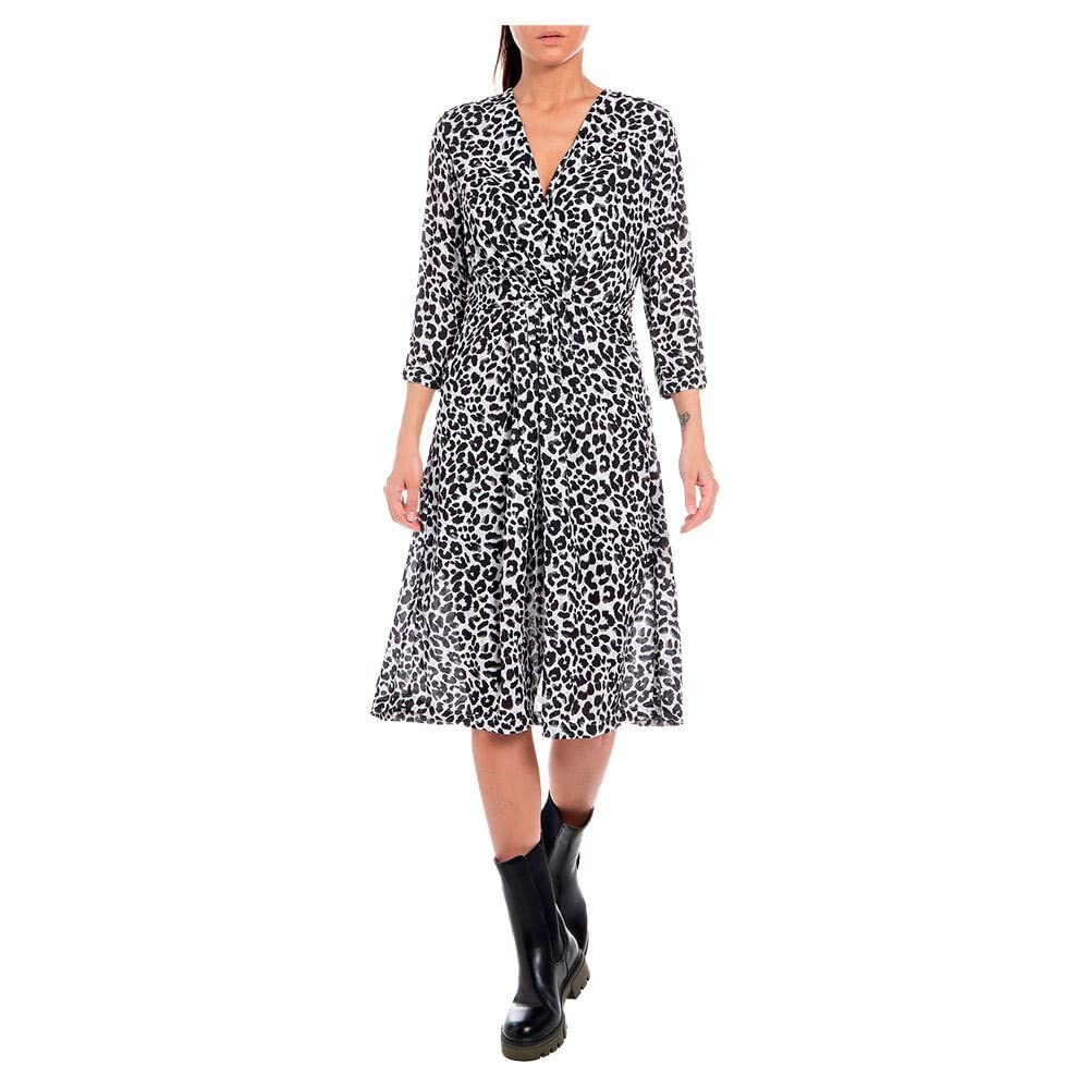 Replay Damen W9680 Kleid L 010 Natural White/Black, L 010 Natural White/Black