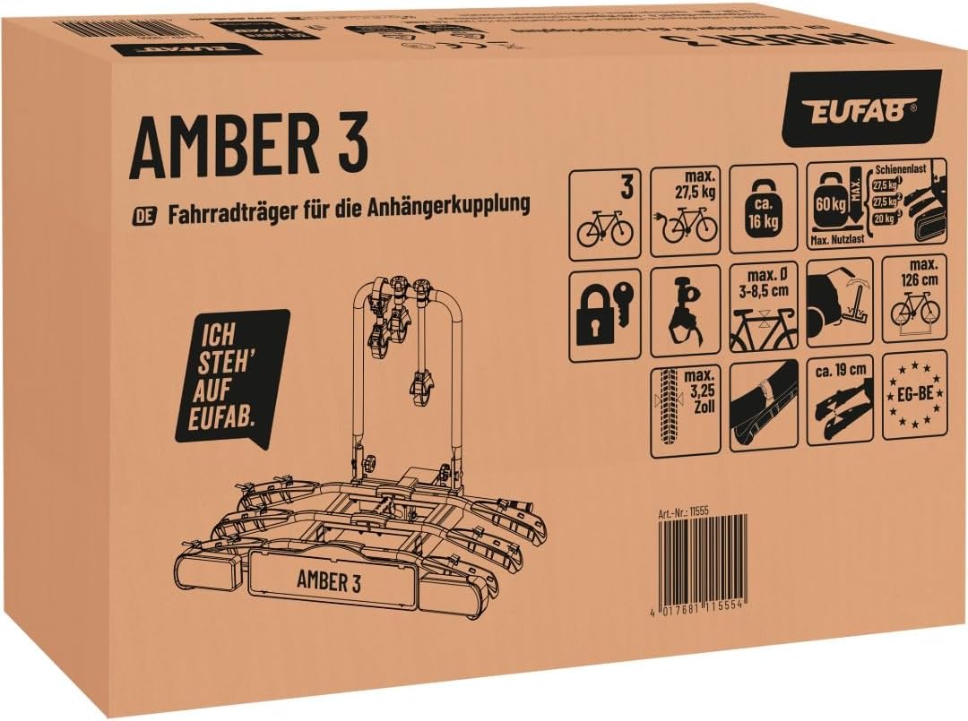 EUFAB 11555 Fahrradträger AMBER 3, E-Bike geeignet, teilweise vormontiert, Diebstahlschutz, für 3 Fa