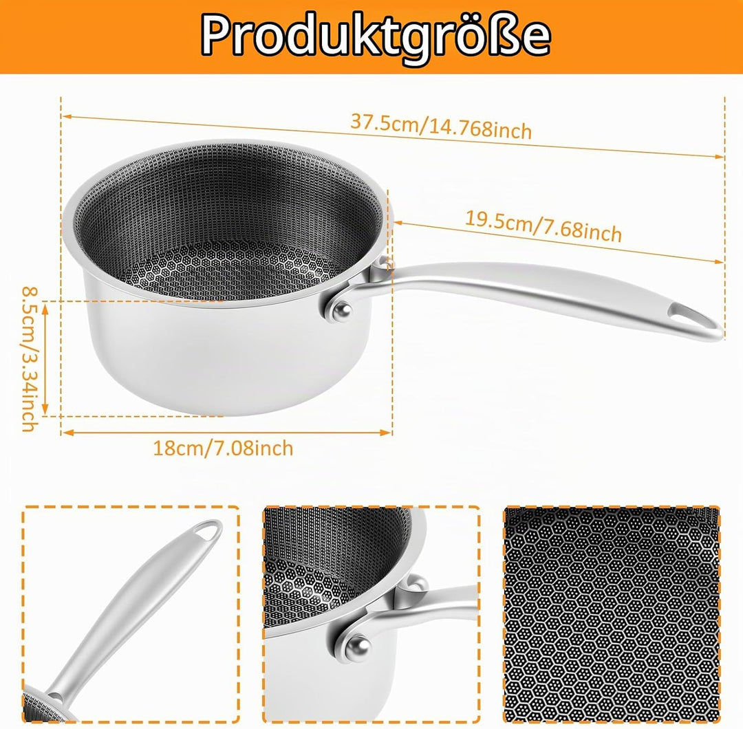 Stielkasserolle,Waben Antihaft Pfanne 18 cm Edelstahl mit Ergonomischem Griff,Antihaftbeschichtete K