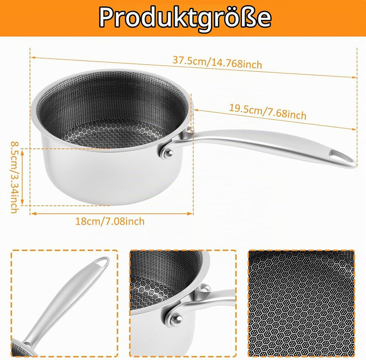 Stielkasserolle,Waben Antihaft Pfanne 18 cm Edelstahl mit Ergonomischem Griff,Antihaftbeschichtete K