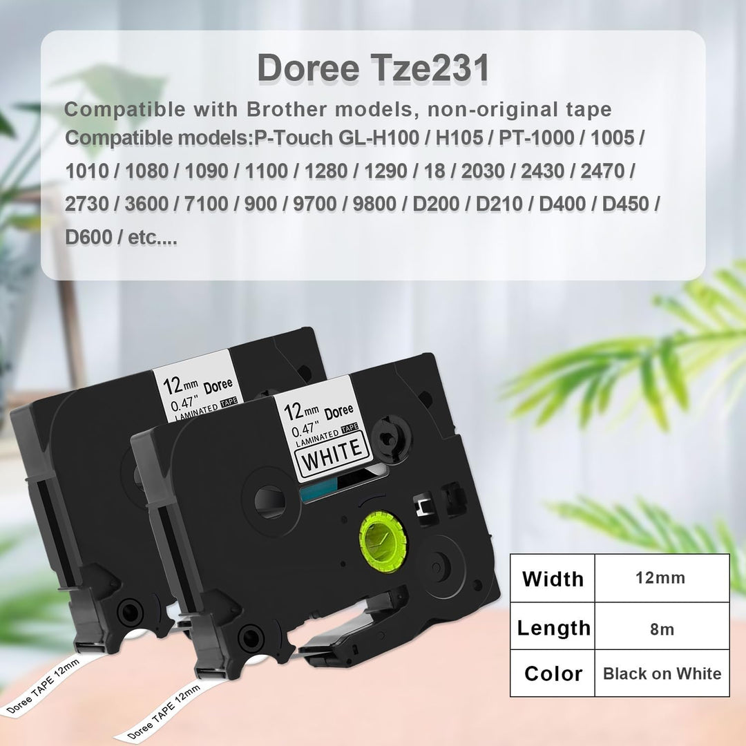 12x DOREE Tze231, Compatible with Brother tz 231 Tze-231 P-touch Schriftband,schwarz auf weiss, 12mm