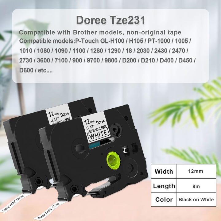 12x DOREE Tze231, Compatible with Brother tz 231 Tze-231 P-touch Schriftband,schwarz auf weiss, 12mm