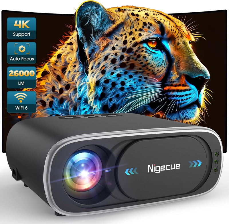 Nigecue Beamer 4K, Autofokus/Elektronische Trapezkorrektur 26000L WiFi6 Bluetooth 1080P Full HD Proj