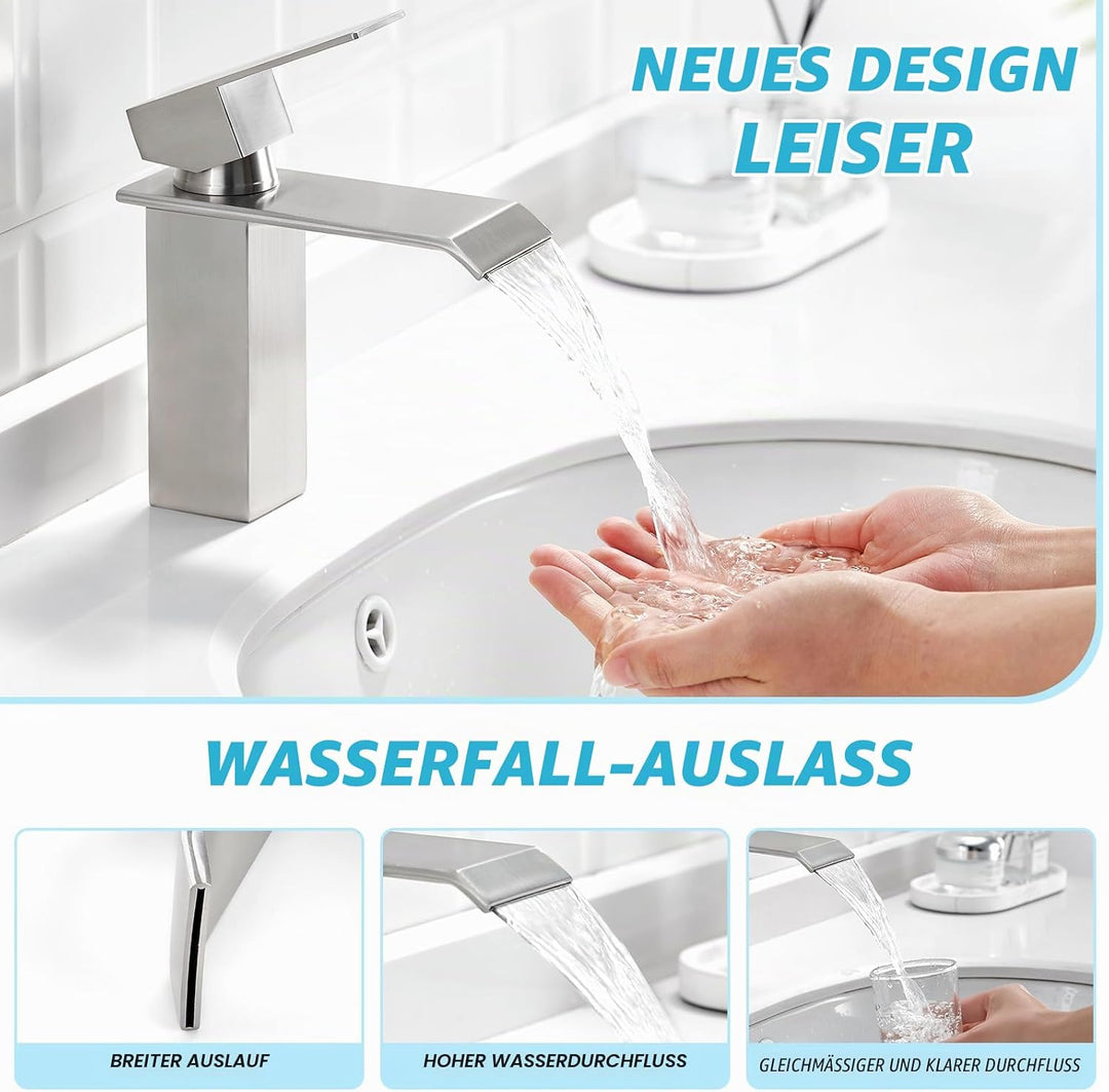 CREA Wasserhahn Bad Wasserfall, Waschtischarmatur mit Ablaufgarnitur, Mischbatterie Bad mit Wasserfa