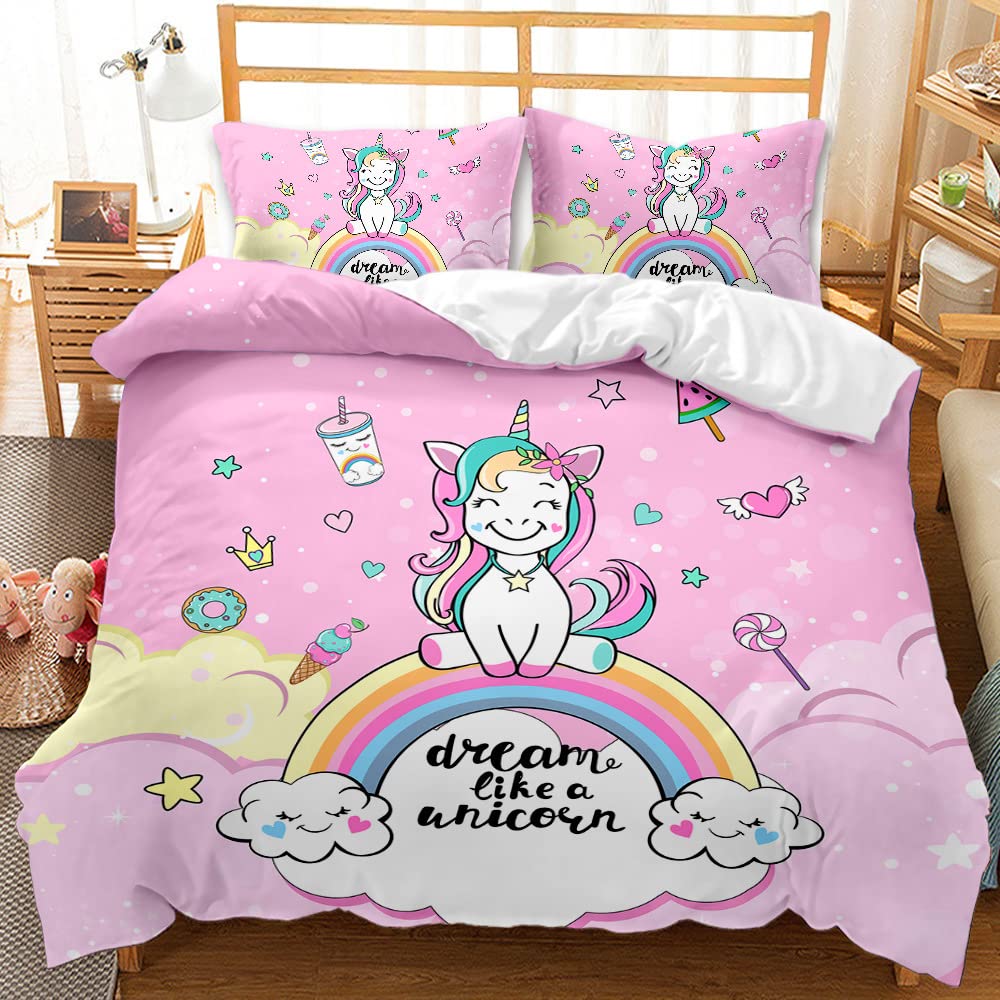 AOXHFNV Rosa Einhorn Bettbezug,Schöner Regenbogen weisse Wolke Einhorn Mädchen Kinder Bettwäsche 135