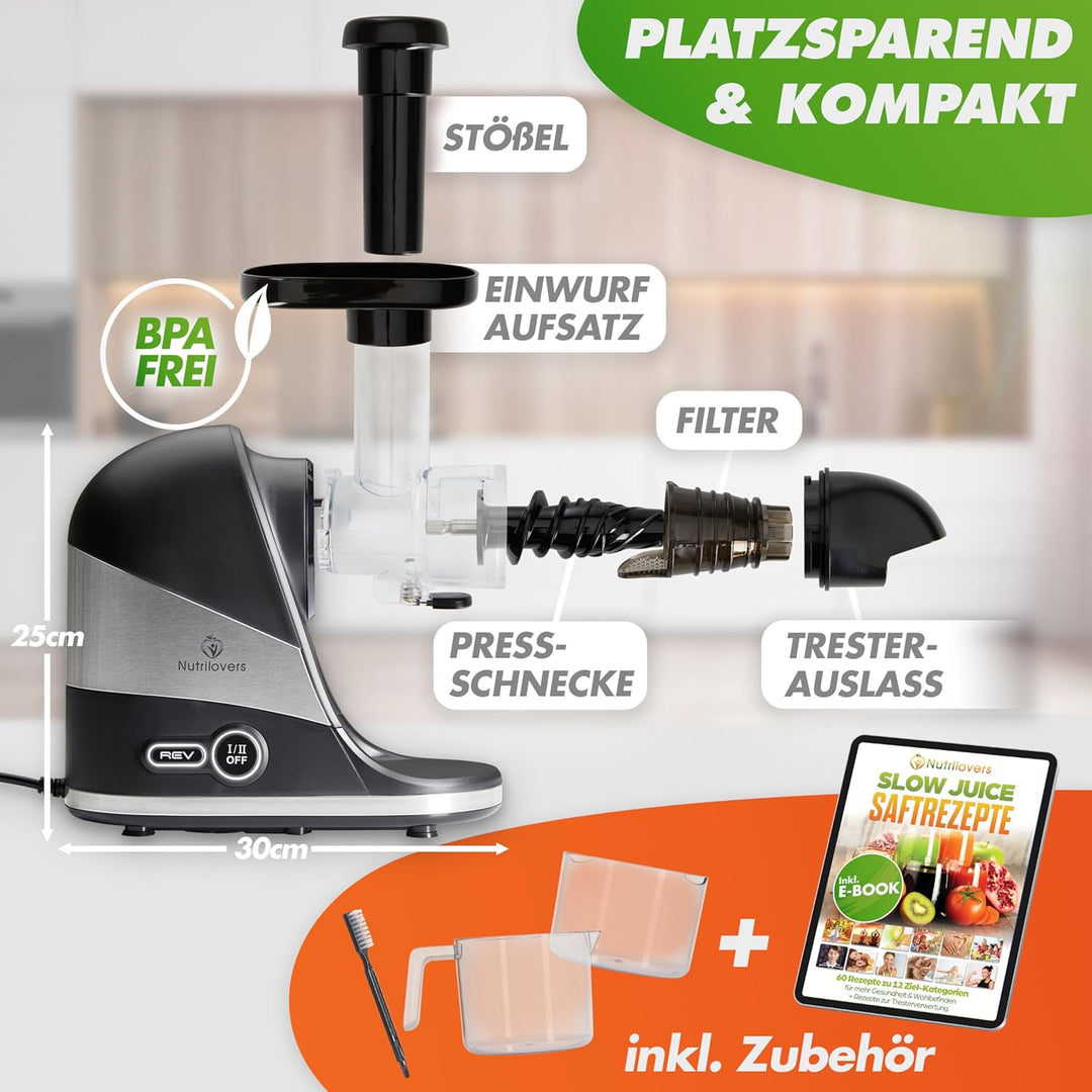 Nutrilovers Slow Juicer MINI-PRESS kompakt für Singles & Kleine Küchen DEUTSCHE MARKE Inkl. Rezeptbu