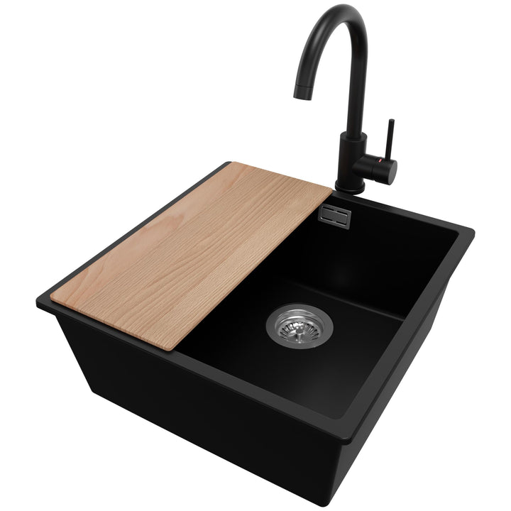 PRIMAGRAN Granitspüle Schwarz 46x47cm, Spülbecken 1 Becken + Ablauf-Set + Küchenarmatur 32x20cm + Sc