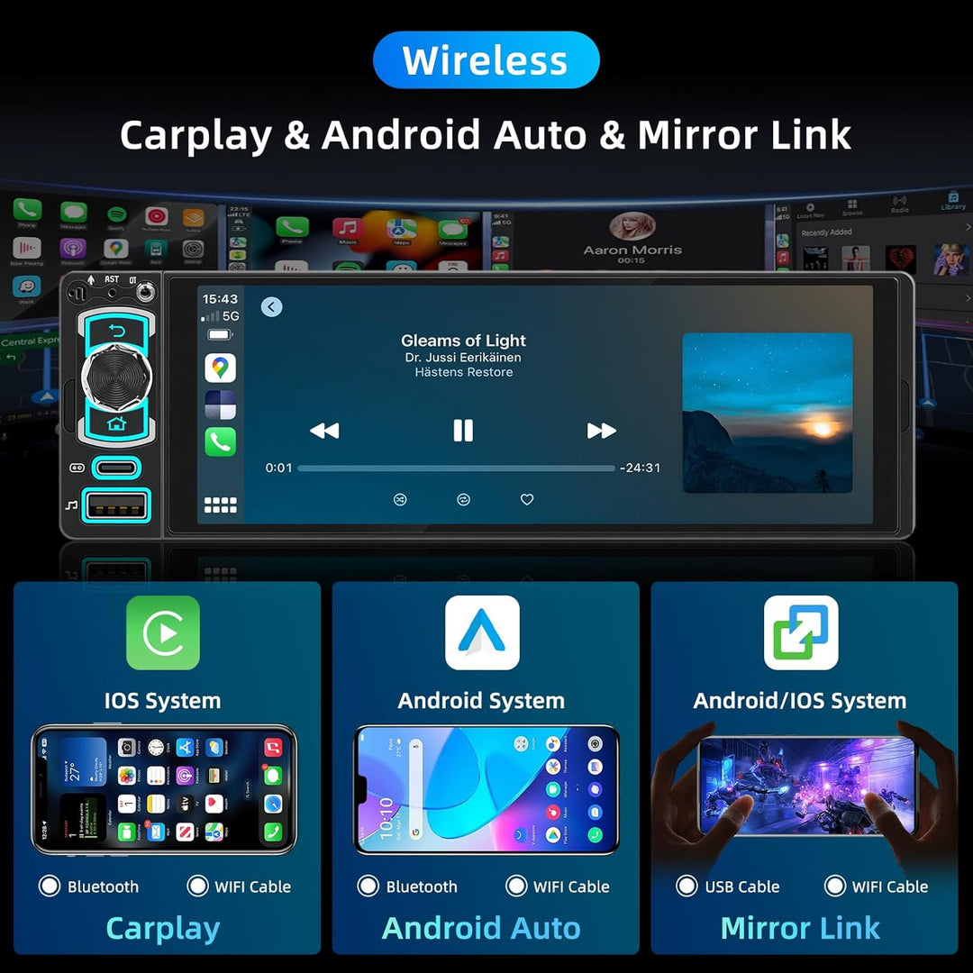 1 DIN Bluetooth Autoradio mit Bildschirm, Single DIN Auto Radio mit Wireless Apple CarPlay Android A
