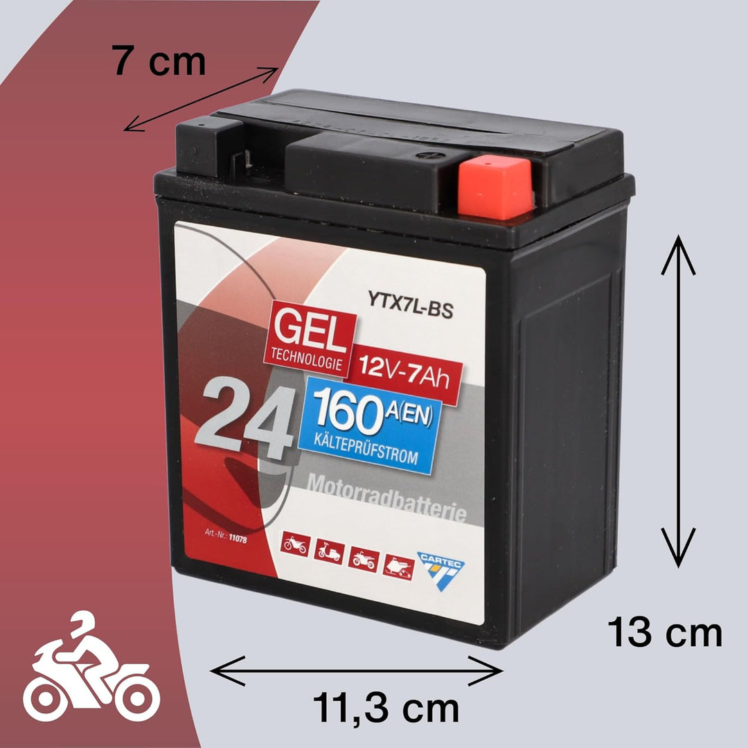 CARTEC Motorradbatterie YTX7L-BS, 6Ah, 100A, Gel Technologie Motorrad-Starter-Batterie, Erstausrüste