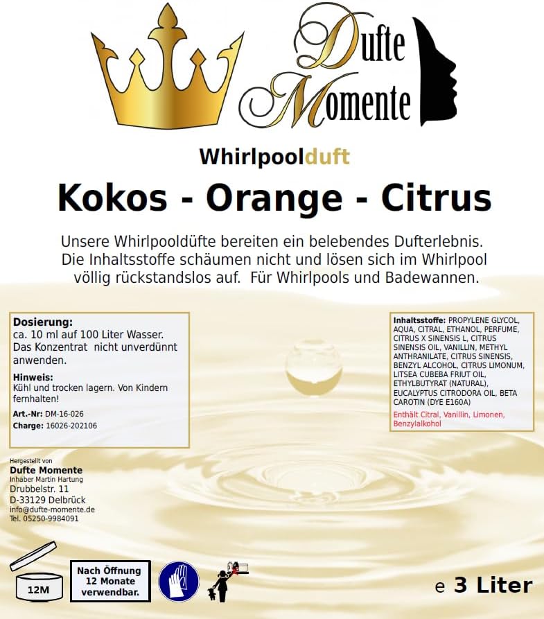 Dufte Momente | Whirlpool Duft 3 Liter | Kokos - Orange - Citrus | mit naturreinen und natürlichen ä