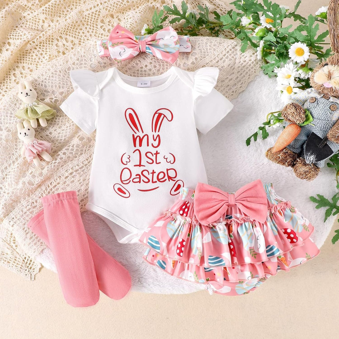 Baby Mädchen Ostern Kleidung Geburtstag Outfit Bunny Kurzarm Strampler Hohe Taille Rüschen Tütü Rock