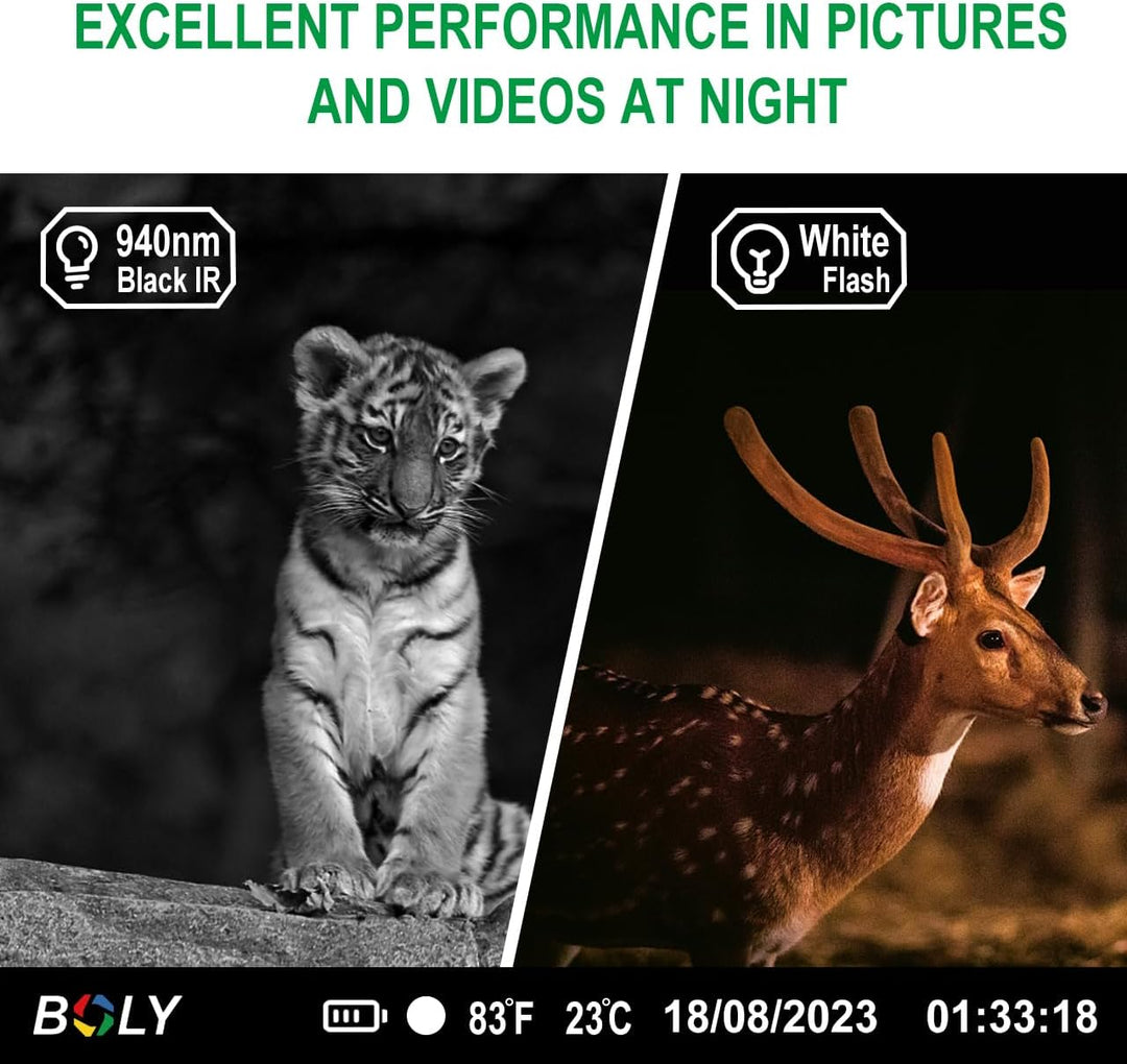 Trailkamera,Wildkamera 56MP Jagdkamera 4K Dual Objektiv Weiss LED mit 940nm unsichtbarem Blitz 100 -