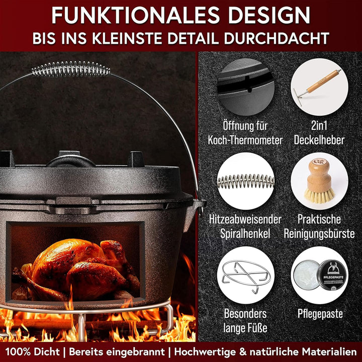 GUSSKÖNIG Dutch Oven Set - Eingebrannter Dutch Oven 4,5L - Feuertopf Gusseisen ohne Füssen - Schmort