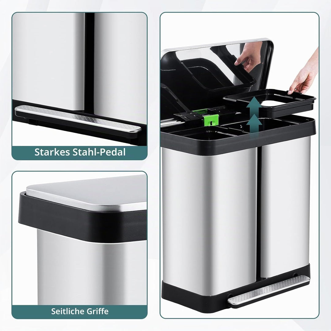 Mülleimer Küche,2 x 36 L Mülltrennsystem Edelstahl Mülleimer 2 fächer tretmülleimer Doppeldeckel mül
