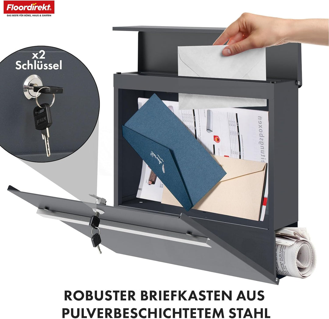 Floordirekt Moderner Briefkasten, mit Zeitungshalter, Deckel, abschliessbar mit Zeitungsfach & Edels