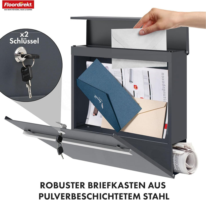 Floordirekt Moderner Briefkasten, mit Zeitungshalter, Deckel, abschliessbar mit Zeitungsfach & Edels