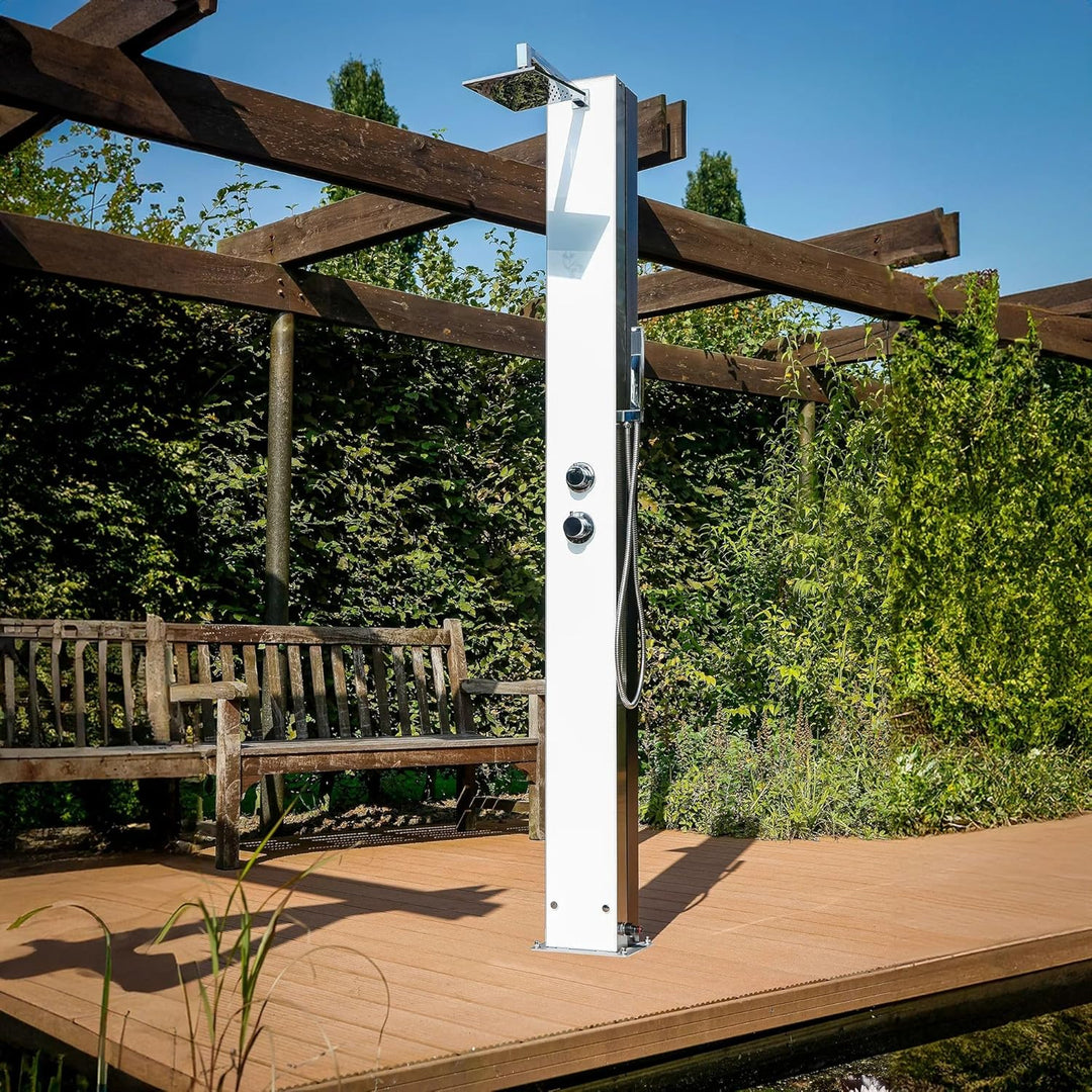 IDEAL Solardusche TOBAGO mit weisser Glasfront Edelstahl V2A poliert | Aluminium Wassertank 25 l | K