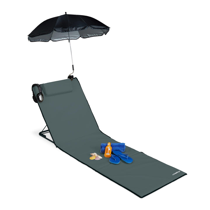 Relaxdays Strandmatte, gepolsterte Strandliege XXL m. Sonnenschirm, 3-stufig verstellbar, Kopfkissen