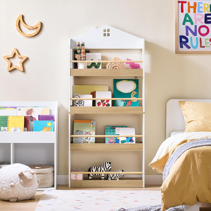 SoBuy Bücherregal Kinder, Kinderregal, Spielzeug Aufbewahrungsregal mit 4 Ablagen für Bücher und Dek