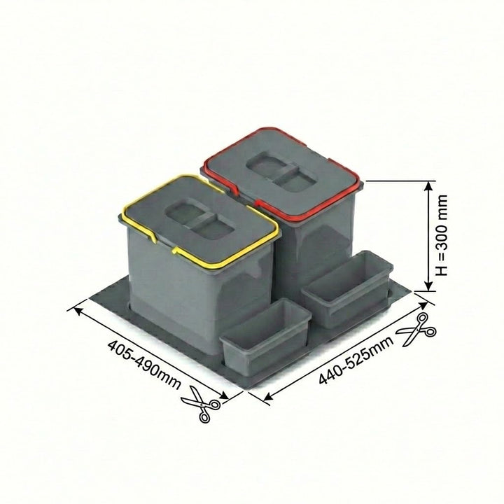 REJS Mülltrennsystem Küche für 60 cm Schrank 2-fach 2 x 15L mit Deckel & Griff Einbau Abfallsammler