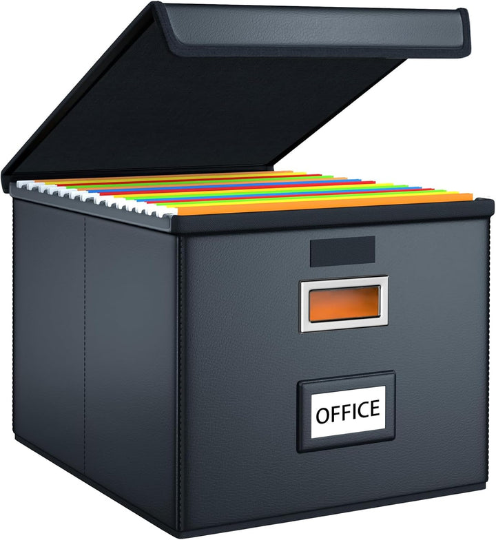 FINEW Stoff Faltbare Aufbewahrungsbox mit Deckel, Verbessertes Ledermaterial, Hängemappenbox für DIN