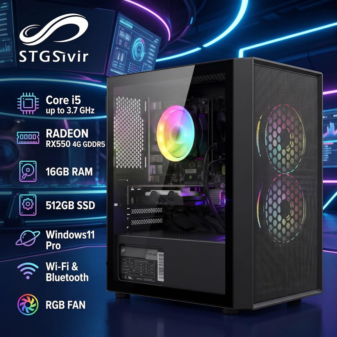 STGsivir- Gaming PC-RX 550 4G GDDR5, Core i5 3.3-3.7GHz-16G RAM, 512G SSD, 600 M WLAN, BT 5.0, RGB L