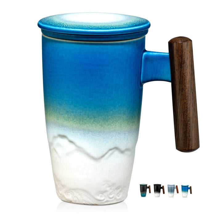 suyika Tomotime Keramik-Teetasse mit Teesieb und Deckel, Holzgriff, 400 ml, Cyanblau, 04-blau und We
