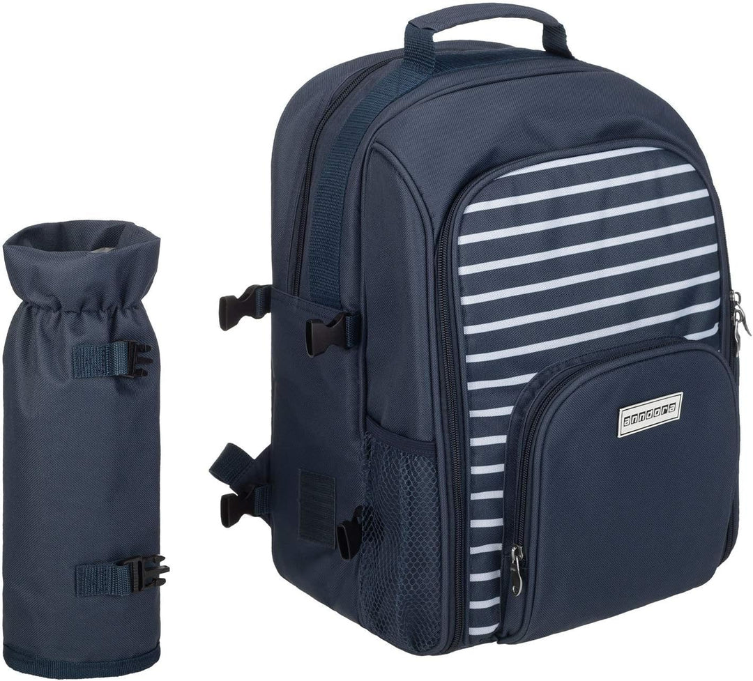 anndora Picknickrucksack mit Kühlfach blau weiss gestreift + Zubehör 15 teilig - 2 Personen Navy Bla