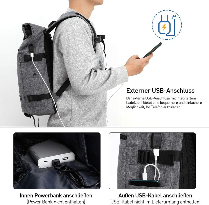 YAMTION Laptop Rucksack Herren,Rolltop Rucksack Schulrucksack Jungen Teenager mit USB Ladeanschluss