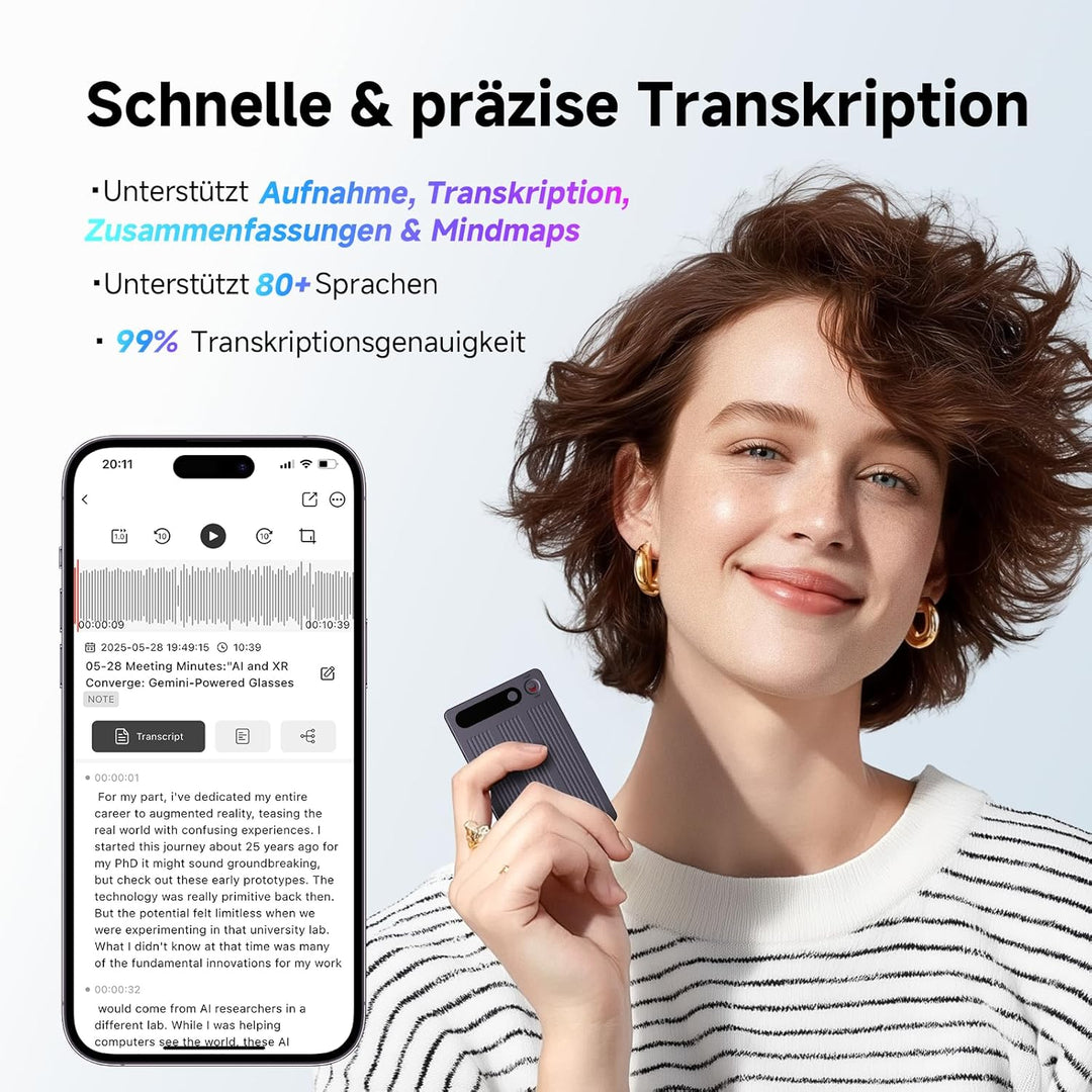 KI Digitales Diktiergerät, Transkribieren und Zusammenfassen, One-Touch-Aufnahme, Unterstützt 80+ Sp