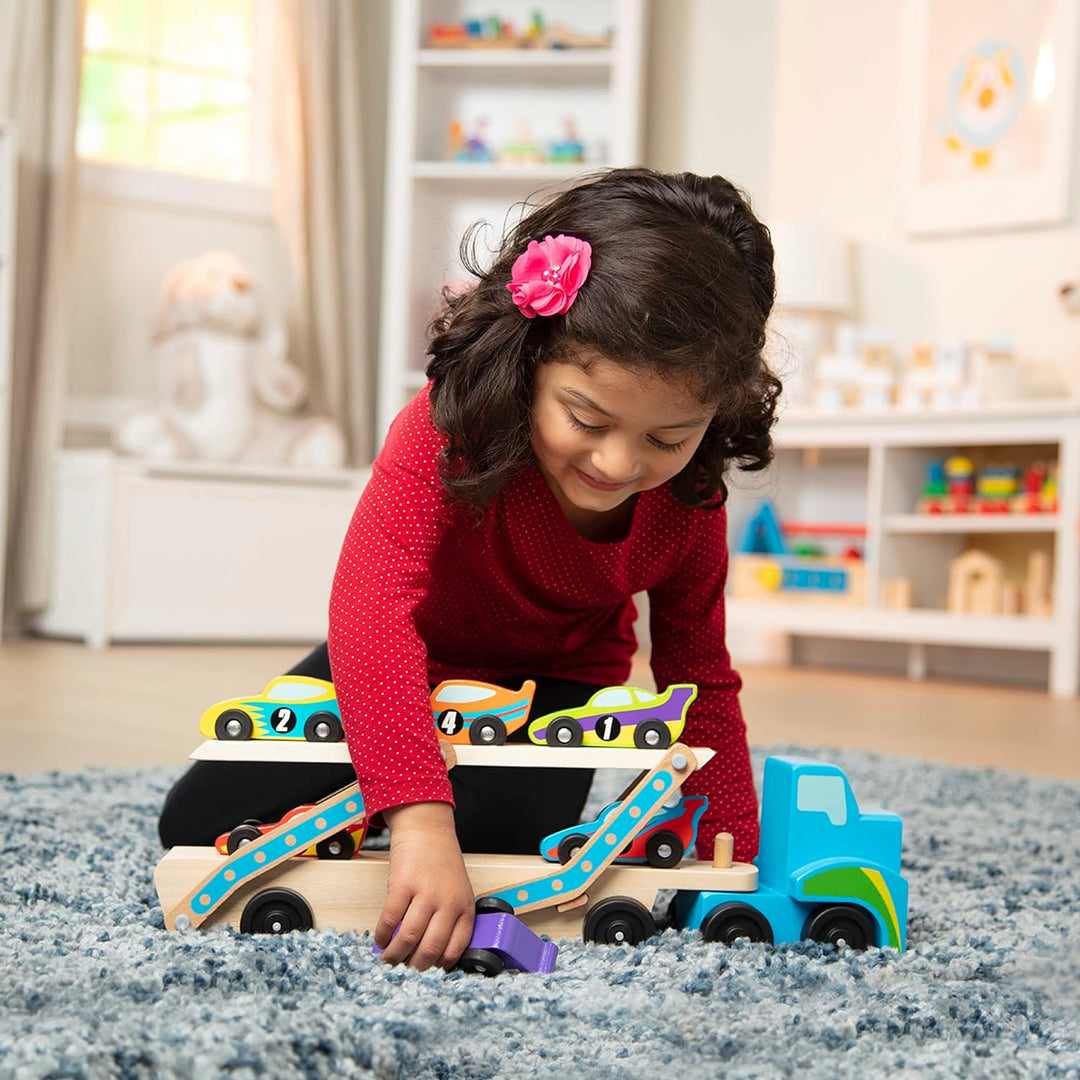Melissa & Doug Mega Race-Car Carrier | Wooden Vehicles & Trains | Trucks & Vehicles | 7+ | Gift for
