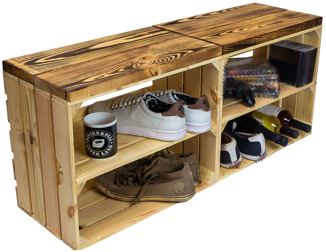 Kistenkolli Altes Land 2er Set Obstkiste aus Holz &amp; Holzplanken Schuhschrank Hocker Sitzbank Weinabl
