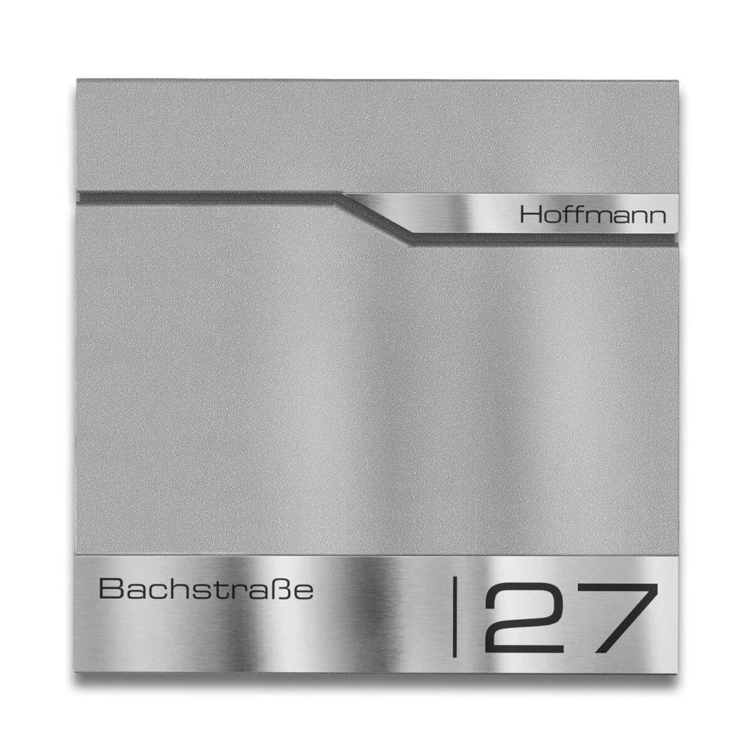 Metzler Briefkasten Graualuminium RAL9007 mit Zeitungsfach, personalisiert mit Edelstahl V2A Namenss