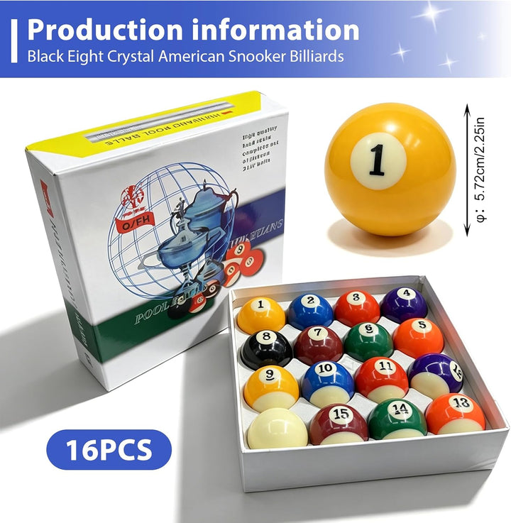 BORDEAG Billardkugeln Set, 16 Stück 57,2mm Billiard Pool Balls, Hochwertiges Billardkugeln Set, Phen