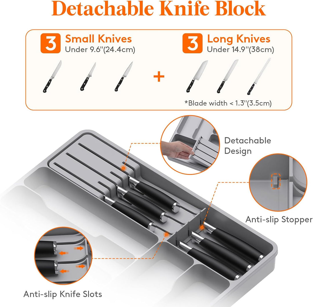 Lifewit Besteckeinsatz für die Küche, erweiterbarer Besteckkasten mit herausnehmbarem Messerblock, v