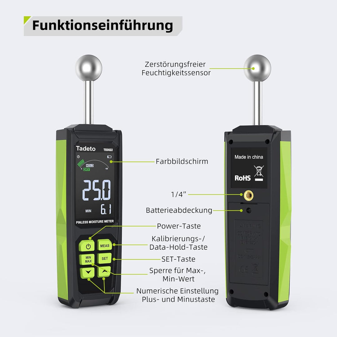 Feuchtigkeitsmessgerät, Tadeto Feuchtemessgerät 20-40mm Analysetiefe mit Farb-LCD Alarmfunktion Hold