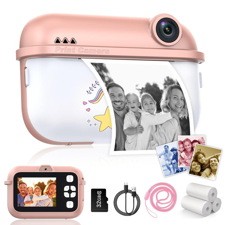 Kinderkamera Sofortbildkamera, 48MP Digitalkamera Kinder mit Dual-Kamera, mit Druckpapier & 32G TF K