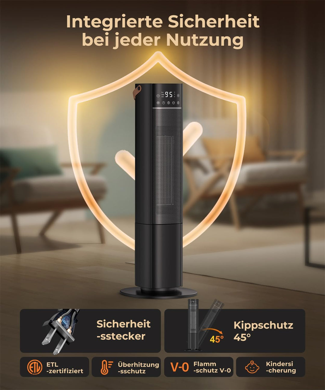 Heizlüfter Energiesparend, 2000W PTC Keramik Heizlüfter, 75° Oszillierend Elektroheizung mit Thermos
