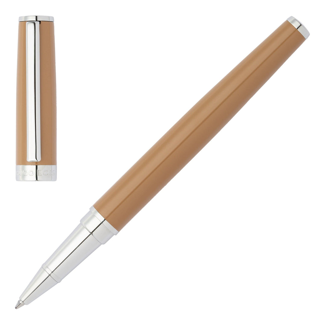 Hugo Boss Gear Icon Tintenroller aus Messing mit Chrome Beschichtung in der Farbe Camel, Masse: 13,8