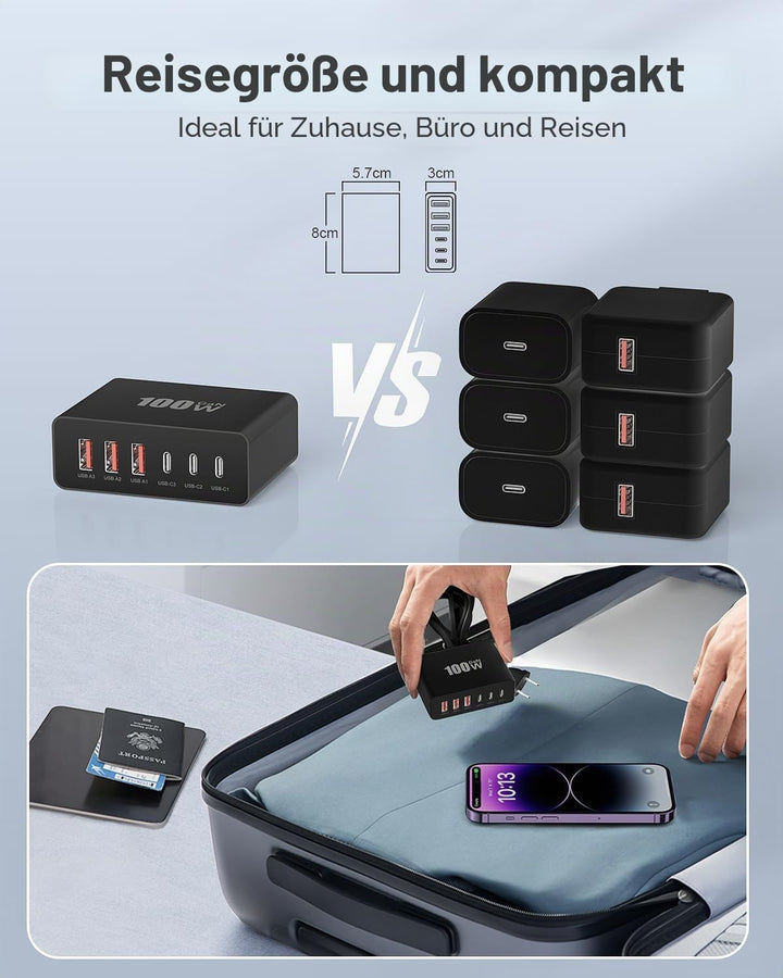 USB C Ladegerät, 100W 6-Port USBC Stecker Ladestecker USB Schnellladen mit PD und QC, Schnellladeger
