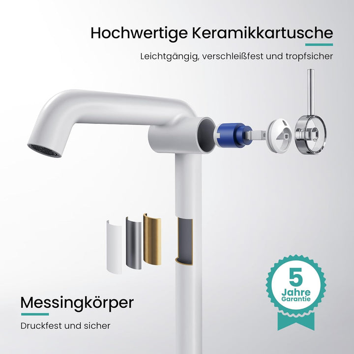 EMKE Wasserhahn Bad Weiss Matt, 332 x 220 x 76 mm, Messing, Keramikkartusche, Badarmatur, Wasserhahn