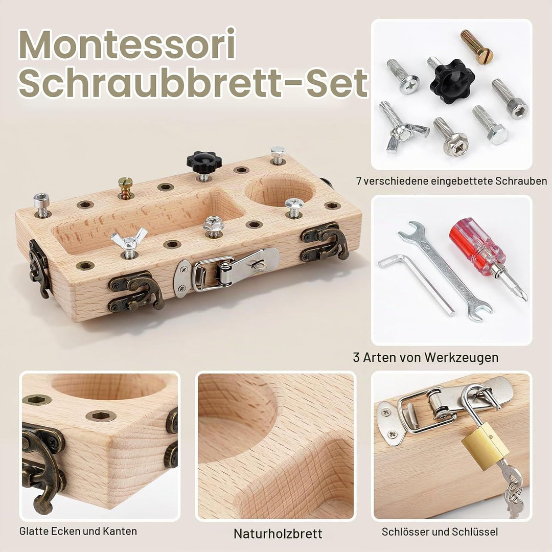 Montessori Spielzeug ab 3 4 5 Jahre, Motorikspielzeug Holz Schraubbrett, Busy Board mit Schlüssel Sc