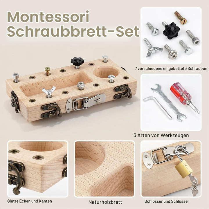 Montessori Spielzeug ab 3 4 5 Jahre, Motorikspielzeug Holz Schraubbrett, Busy Board mit Schlüssel Sc
