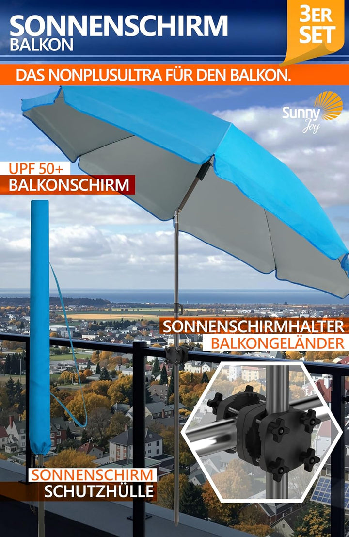 4smile Sonnenschirm Balkon SunnyJoy im 3er-Set - UPF 50+ Balkon Schirm 180 cm + Sonnenschirmhalter B