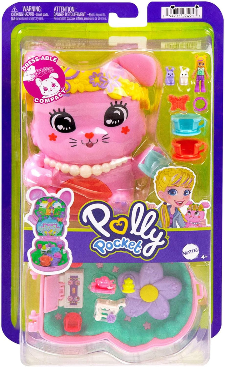 Polly Pocket Puppen und Spielset, Teeparty-Häschen-Schatulle, Spielzeug für unterwegs mit 1 kleinen