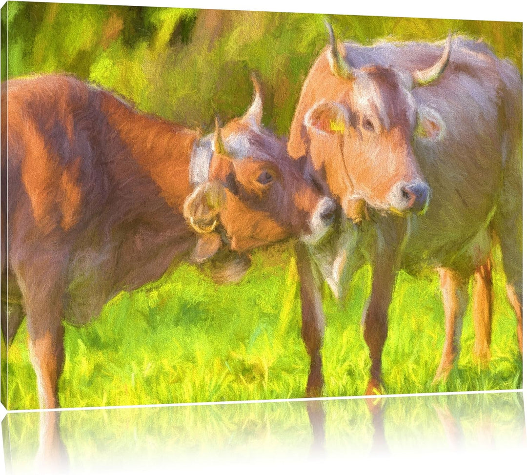 Kuhbullen auf Weide Deluxe Format: 100x70 cm auf Leinwand, XXL riesige Bilder fertig gerahmt mit Kei