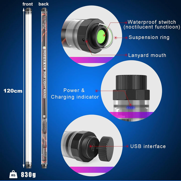 LUXCEO P120 RGB Videoleuchte Lichtstab1350 Lumen, 3000K-5750K LED Handheld Fotografie Licht,APP-Steu