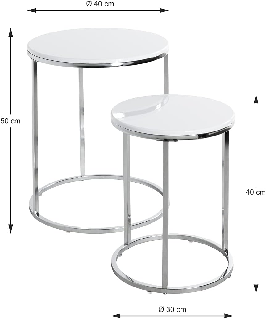 HAKU Möbel Beistelltisch 2er Set, MDF, chrom-weiss, Ø 30 x H 40 cm / Ø 40 x H 50 cm, Chrom-weiss