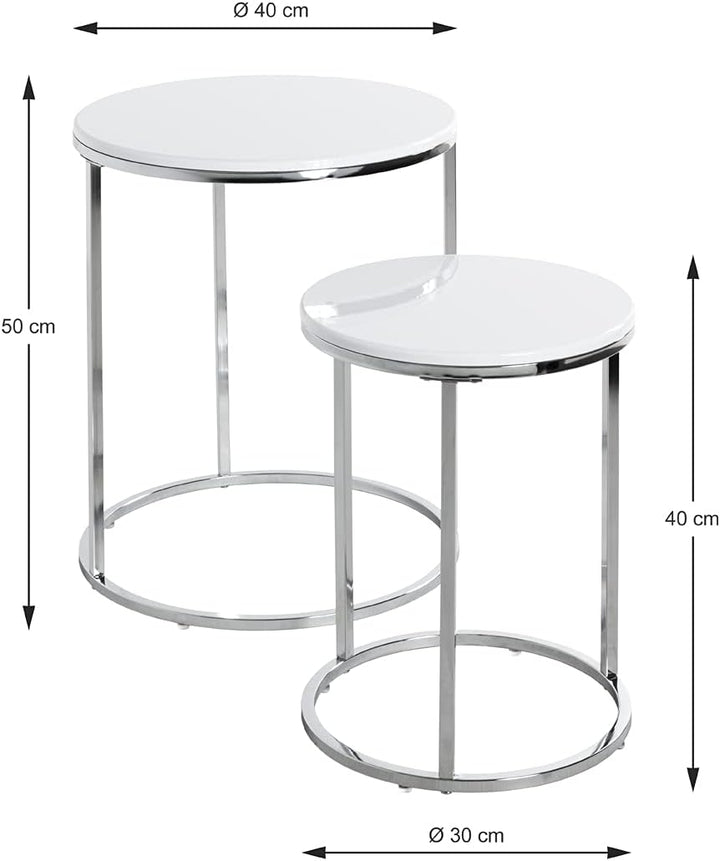 HAKU Möbel Beistelltisch 2er Set, MDF, chrom-weiss, Ø 30 x H 40 cm / Ø 40 x H 50 cm, Chrom-weiss