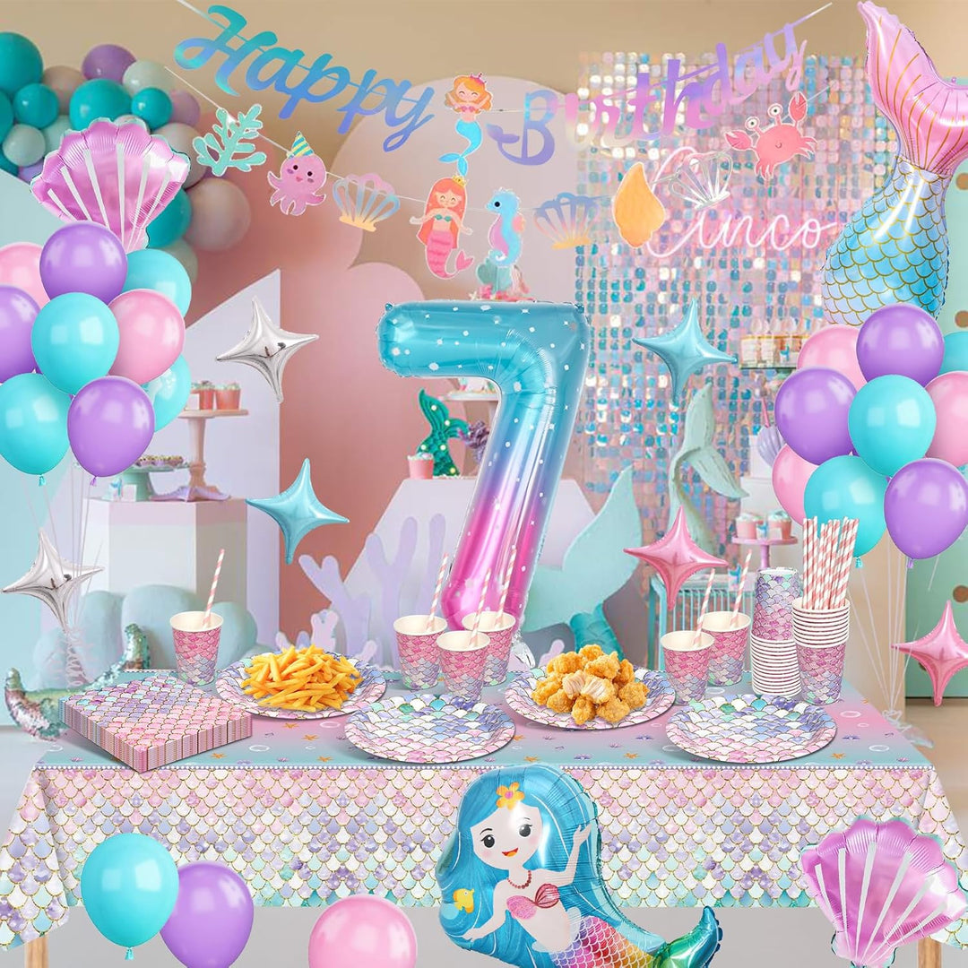 yosiio Meerjungfrau Partygeschirr Set, Meerjungfrau Geburtstag Deko 7 Jahre, Geburtstag Party Geschi